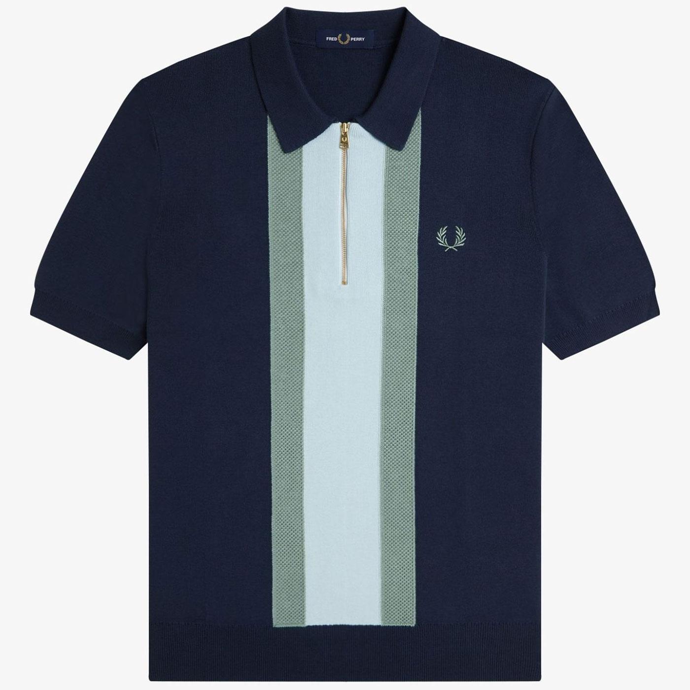 Fred Perry Textured Stripe Knitted Zip Neck Shirt Dark Airforce