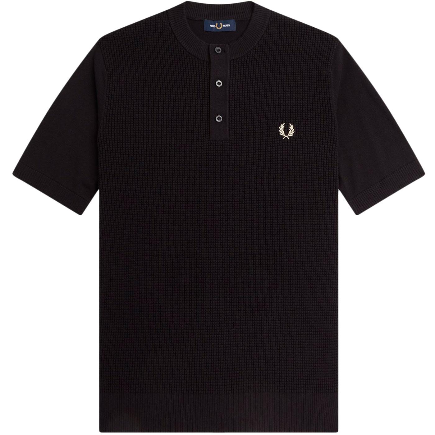 Fred Perry Combed Cotton Retro Waffle Stitch Henley Shirt Black