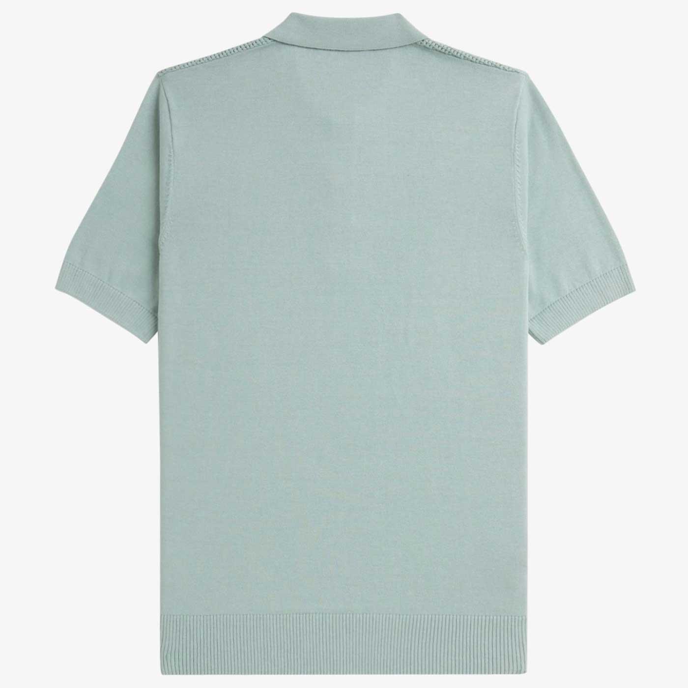 FRED PERRY Retro Waffle Stitch Knitted Polo Shirt Silver Blue