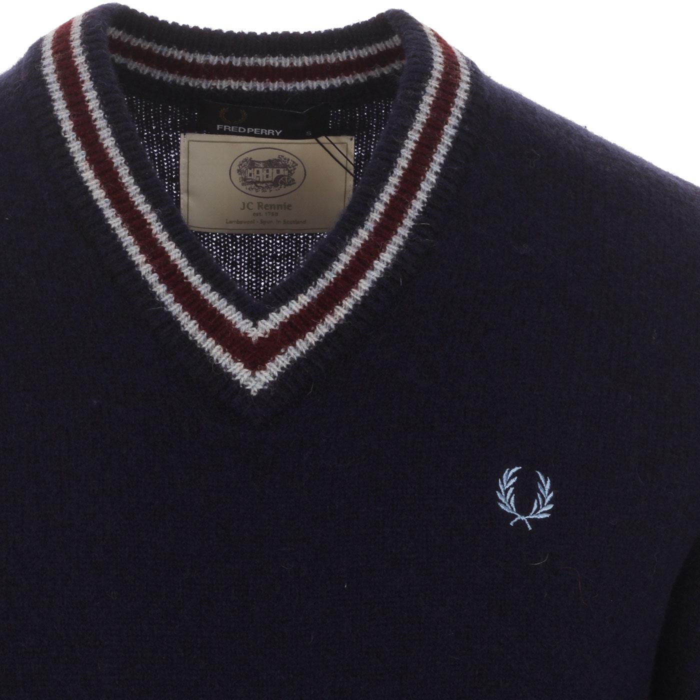 FRED PERRY Retro Spun Lambswool V-Neck Jumper in Blue