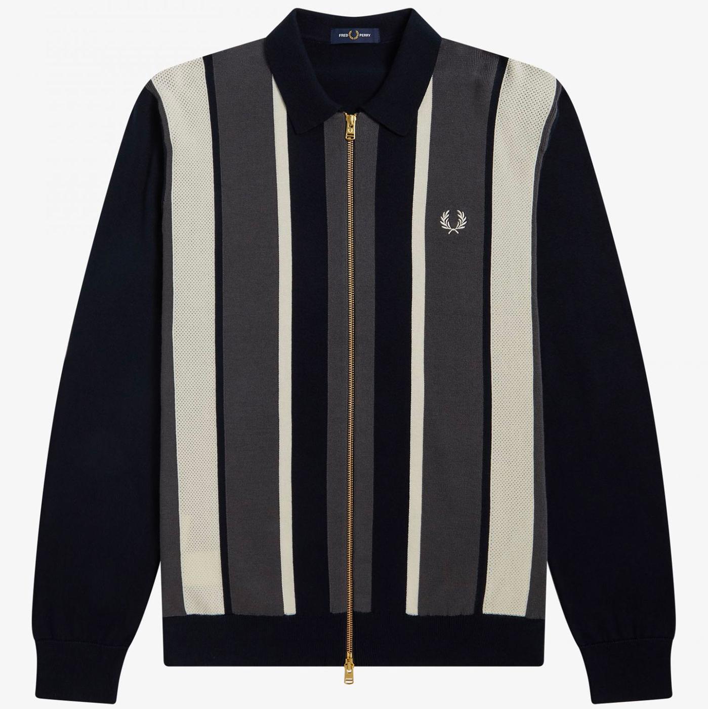 FRED PERRY Mod Striped Knit Zip Polo Cardigan NAVY
