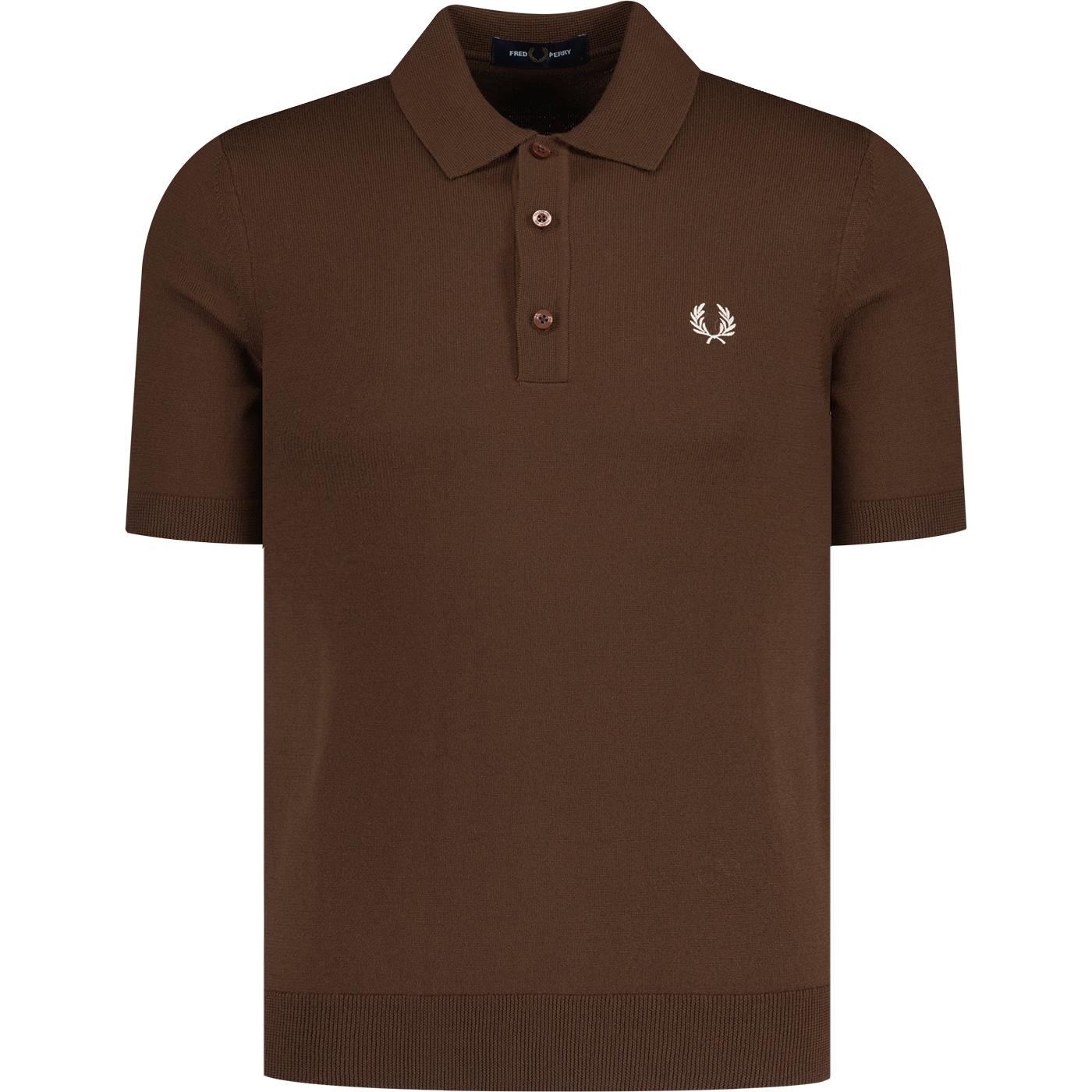 Fred Perry Merino Blend Knitted Retro Polo Shirt Whiskey Brown