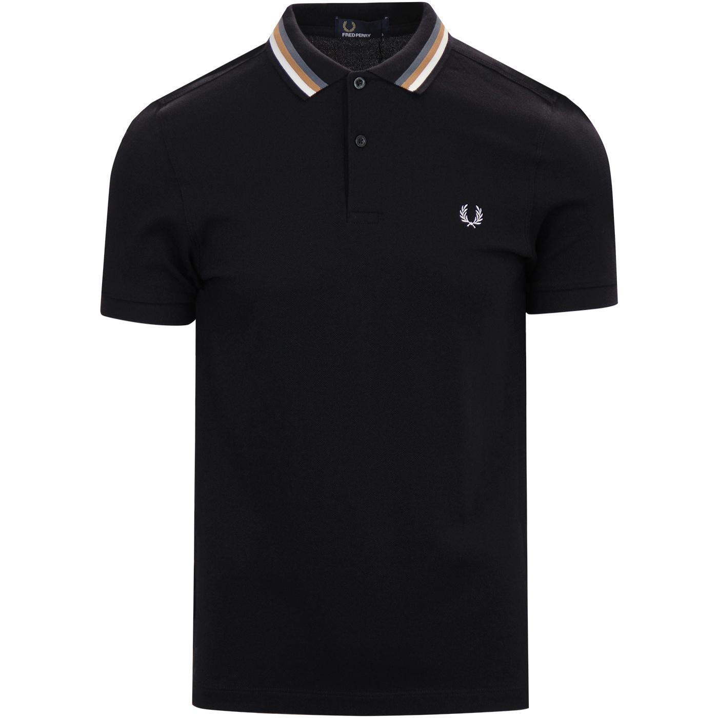 FRED PERRY Bomber Stripe Retro Mod Tipped Polo Top Black