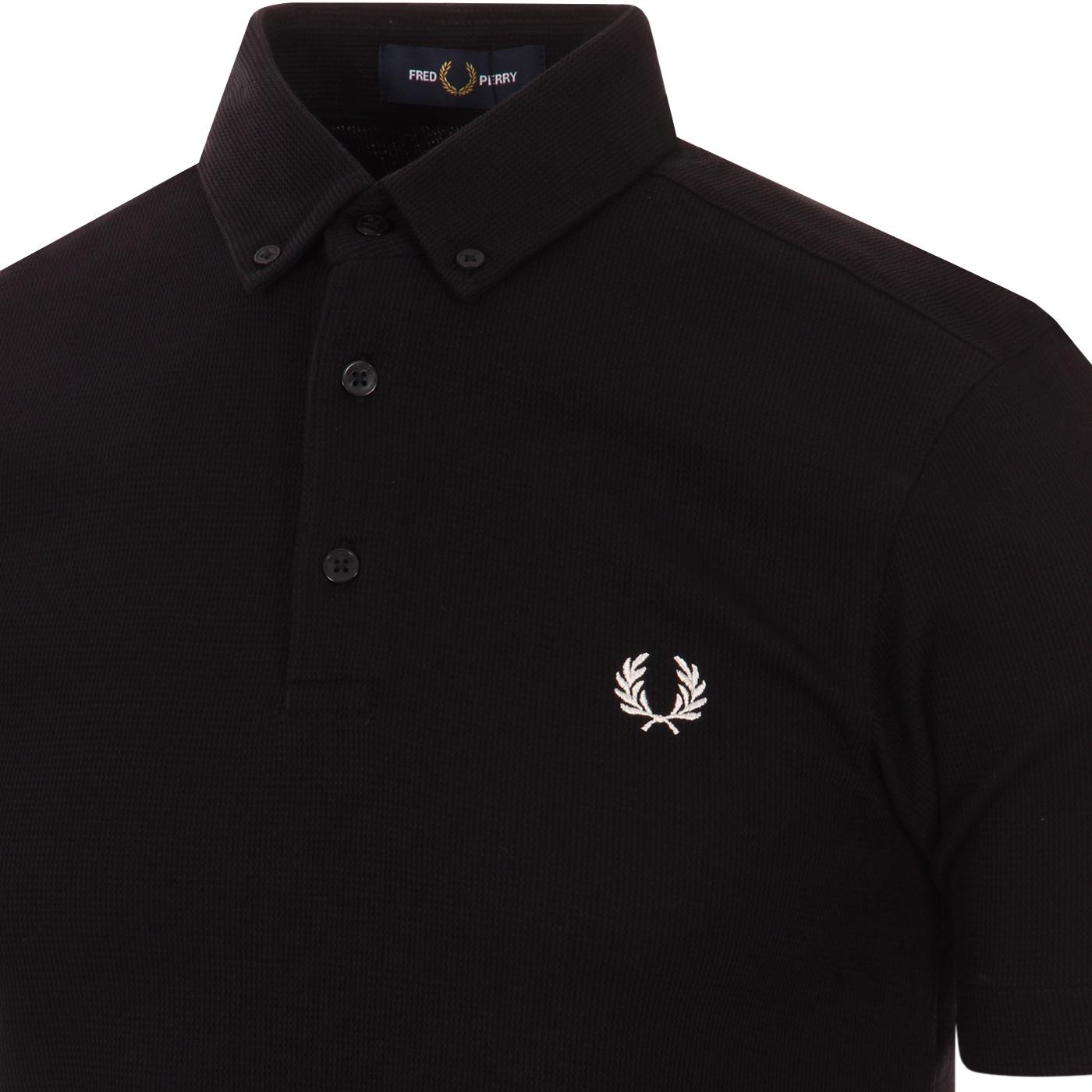 FRED PERRY Retro Textured Button Down Polo Shirt in Black