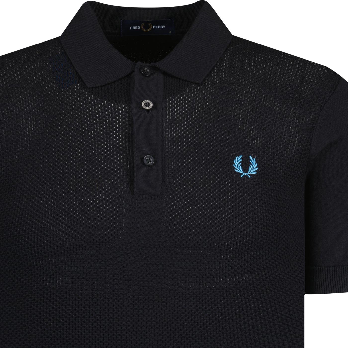 FRED PERRY Texture Front Knitted Retro Mod Polo Shirt Black