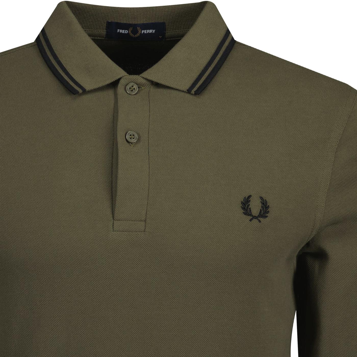 Fred Perry Mod Long Sleeve Twin Tipped Polo In Uniform Green