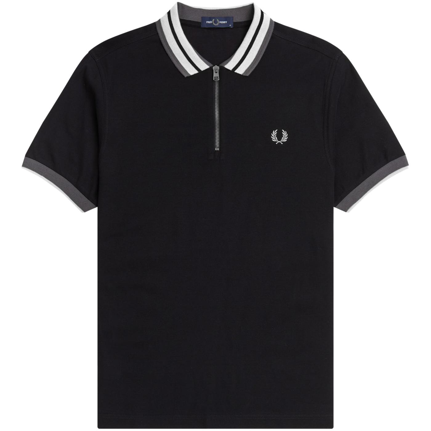 FRED PERRY Retro Mod Bold Tipped Zip Neck Polo Shirt Black
