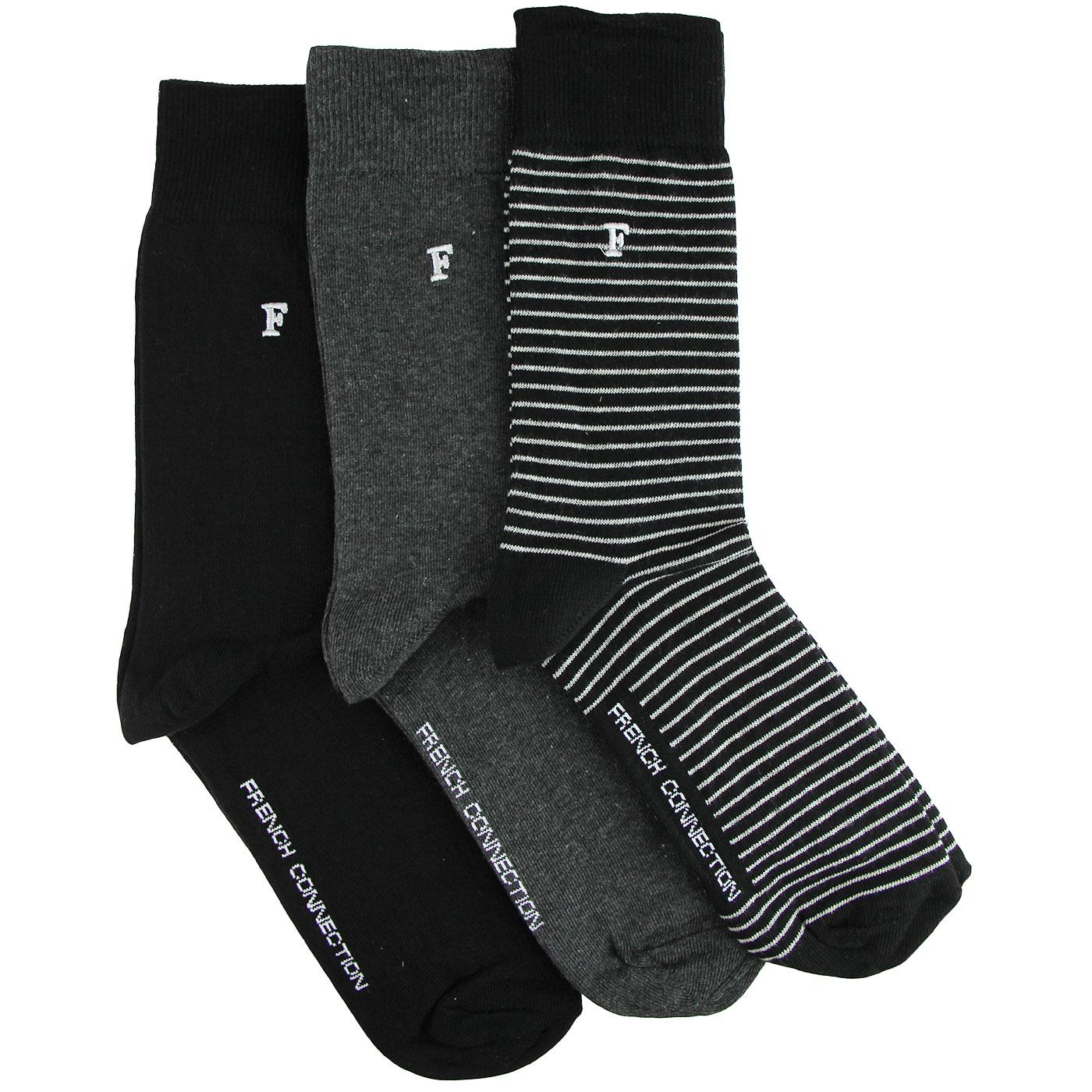 FRENCH CONNECTION 3 Pack Waterfall Retro Stripe Socks Grey