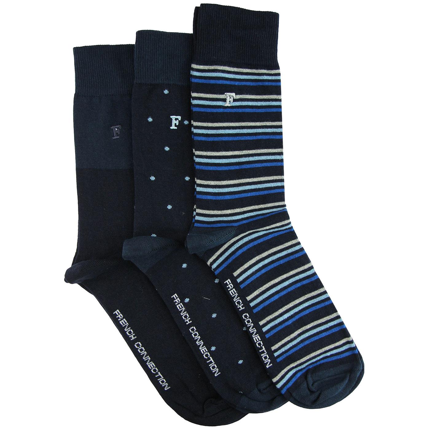 FRENCH CONNECTION Retro 3 Pack Waterfall Socks (N)