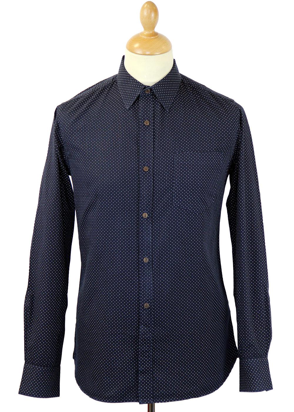 French Connection Charley Retro 60s Mod Polka Dot Shirt in Marine