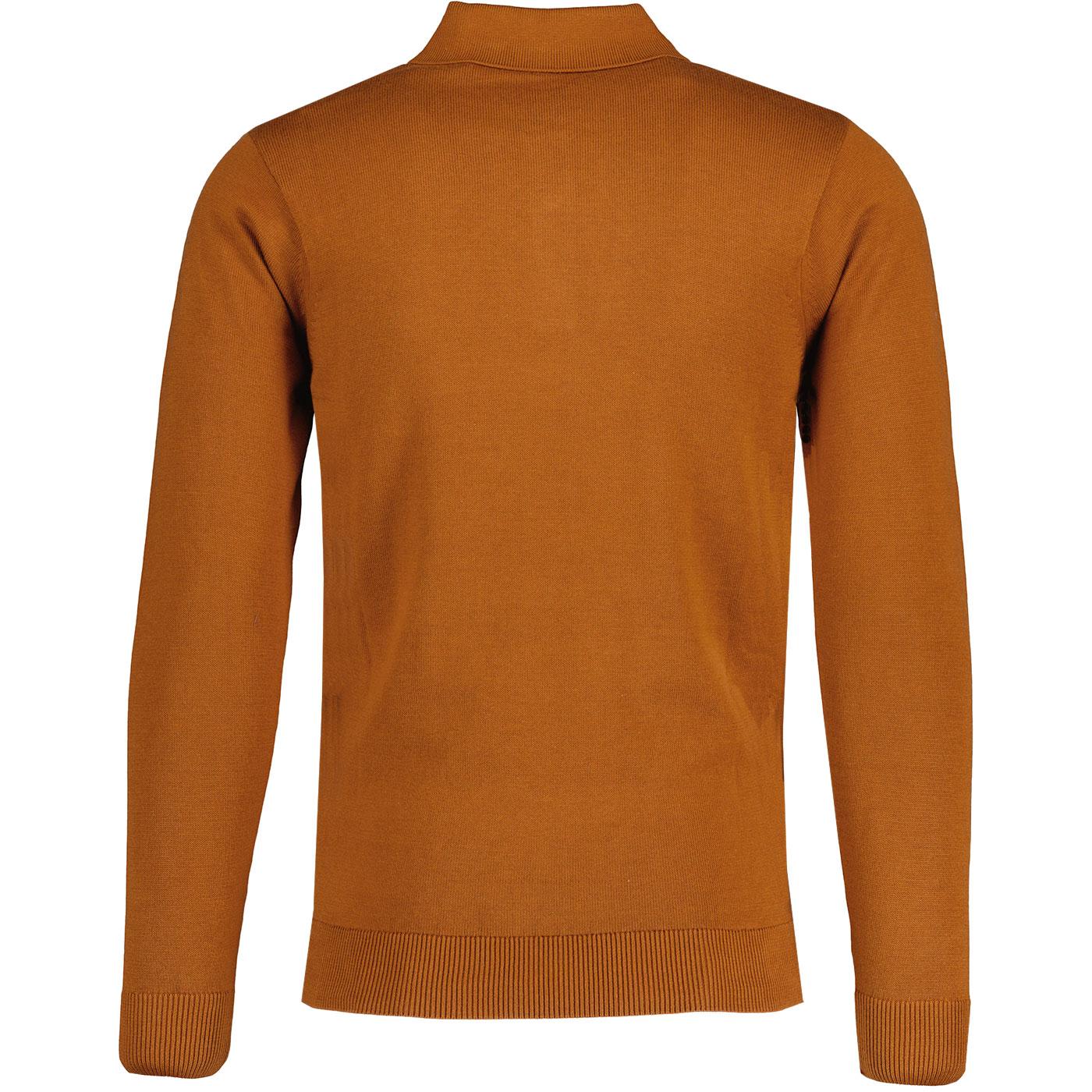 Gabicci Francesco Retro Long Sleeve Knitted Polo in Toffee
