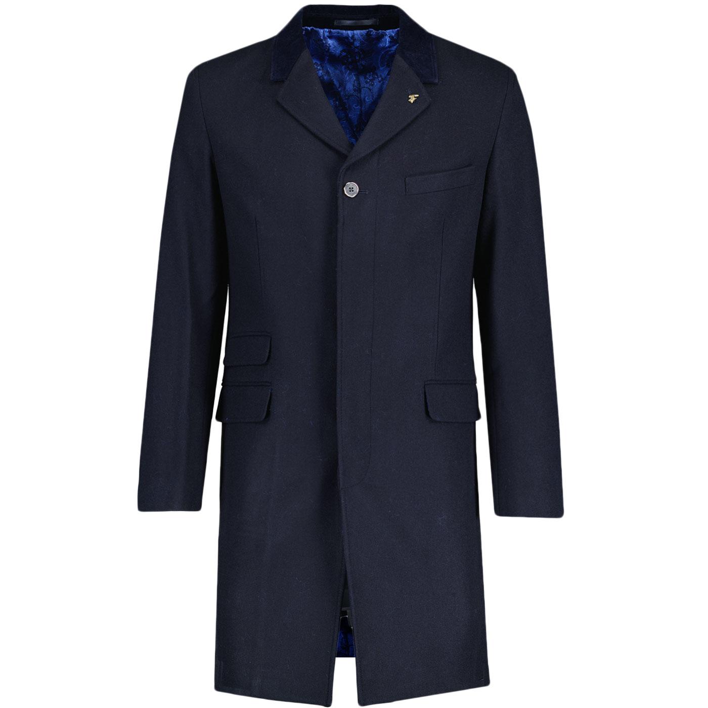 Gabicci Vintage Men's Retro Mod Wool Blend Overcoat in Navy