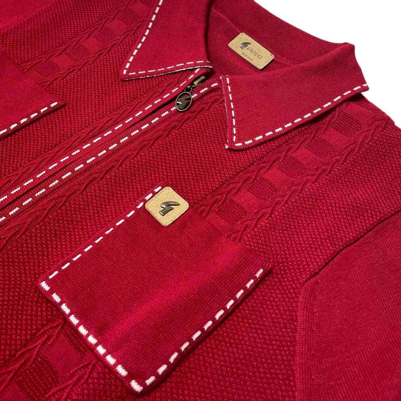 Gabicci Vintage Serge Zip Through Knitted Polo Shirt in Cherry
