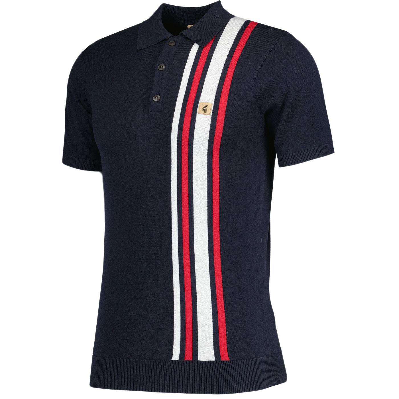 Gabicci Soda Retro Racing Stripe Knitted Polo Shirt in Navy
