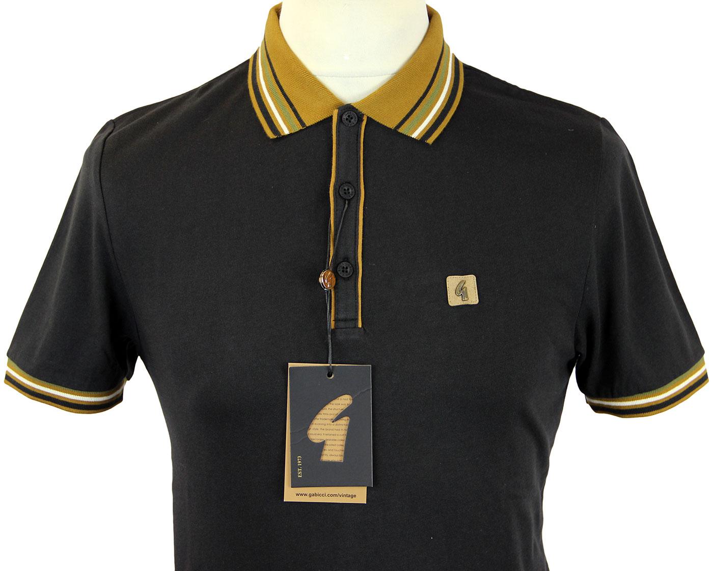 GABICCI VINTAGE Striped Collar Retro Mod Jersey Polo Shirt Black