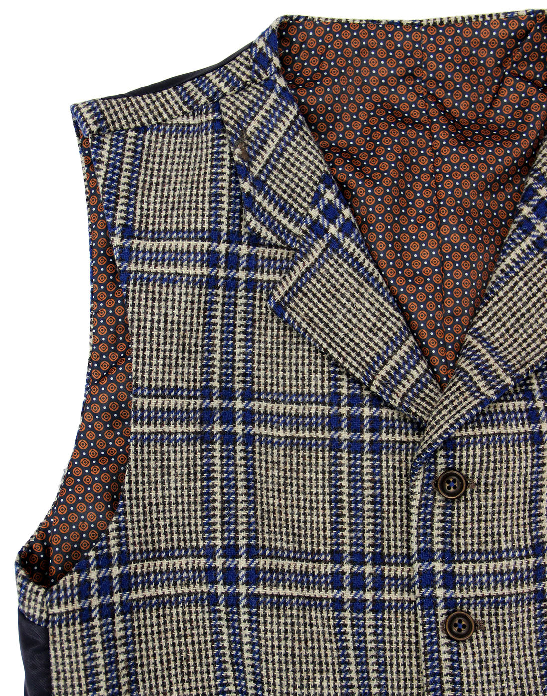 GIBSON LONDON Retro Mod POW Check High Fasten Waistcoat in Blue