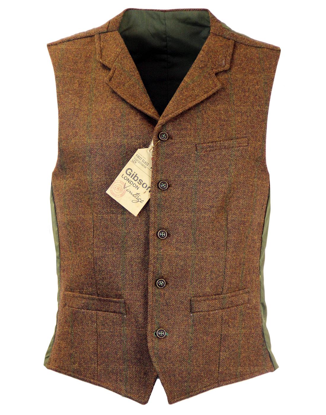 GIBSON LONDON High Fasten Tweed Check Waistcoat in Rust
