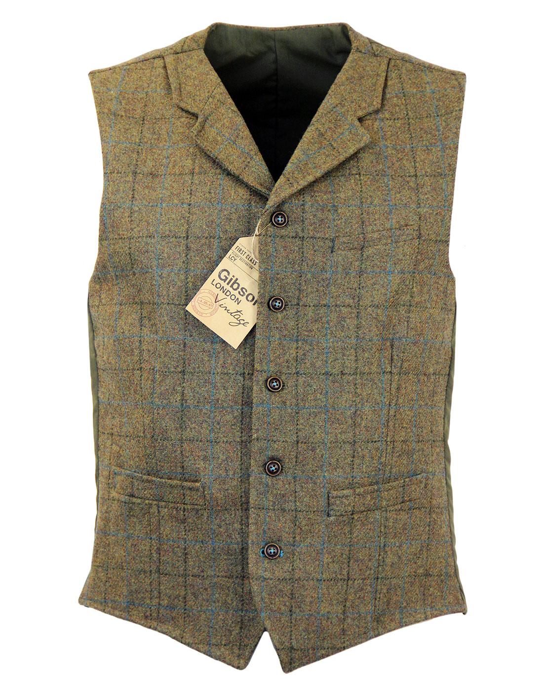 GIBSON LONDON High Fasten Tweed Check Waistcoat in Sage