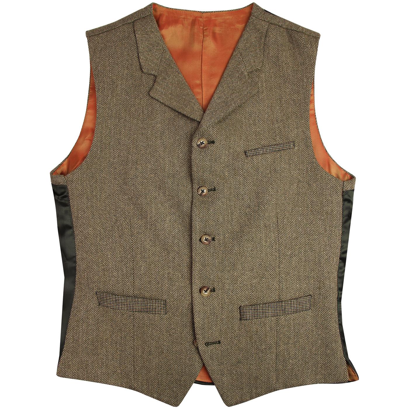 GIBSON LONDON Mod Herringbone Tweed Waistcoat in Fawn