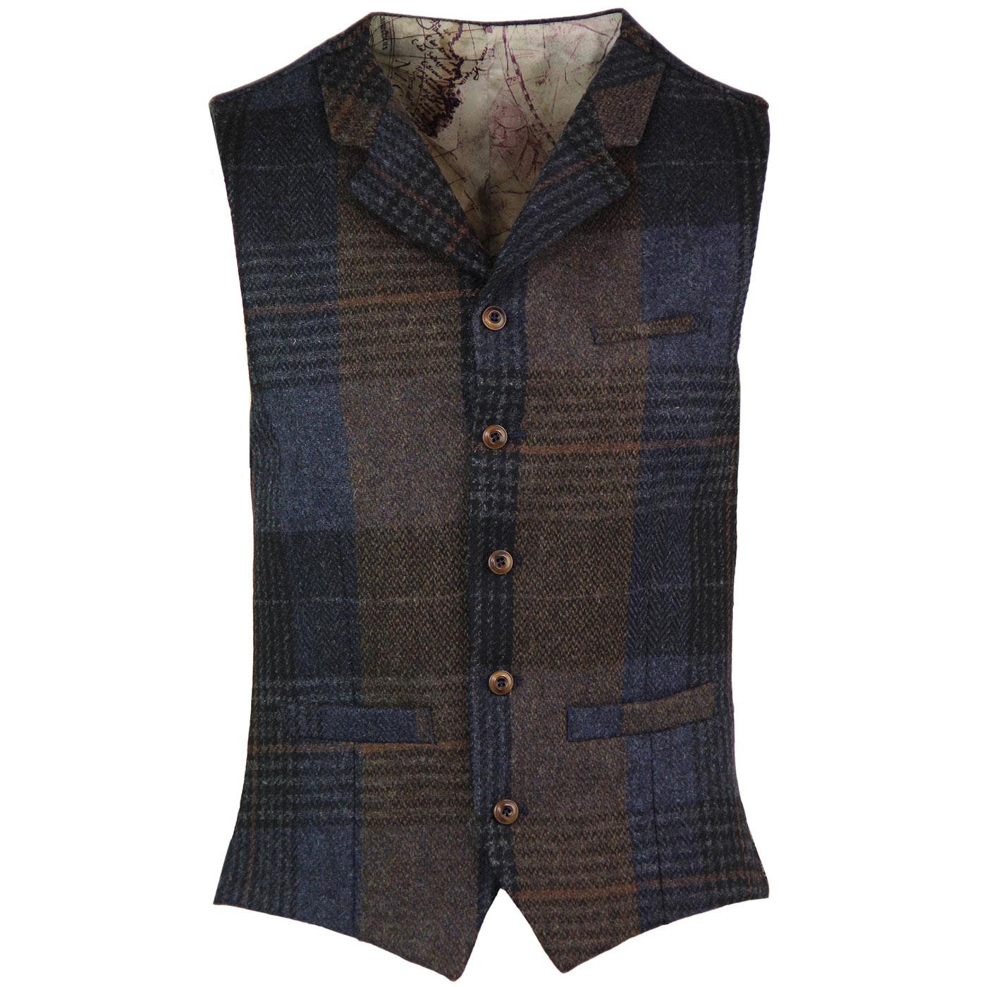 GIBSON LONDON Mod Check Lapel Waistcoat in Navy/Brown