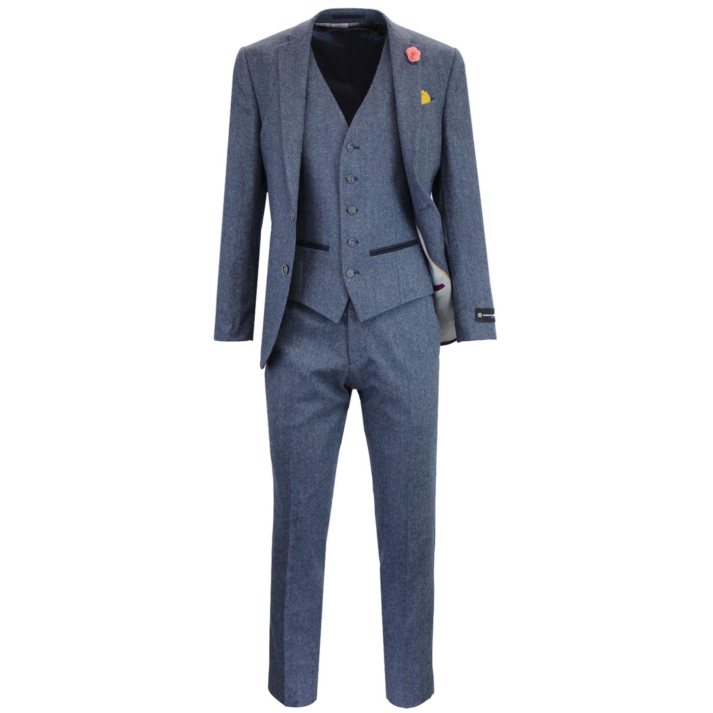 Mens Retro 60s Mod 3 Piece Donegal Suit in Blue