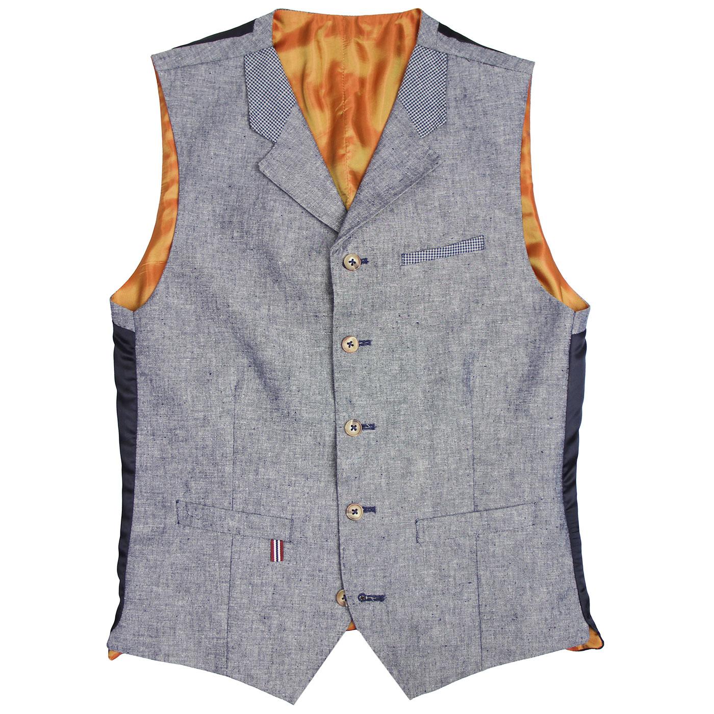 GIBSON LONDON Tyburn Mod 60s Linen Waistcoat in Dark Blue