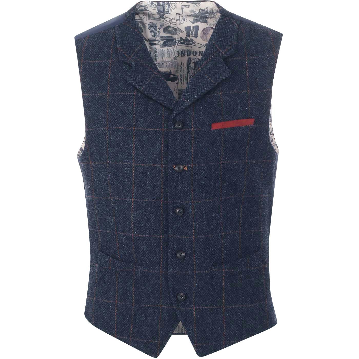 GIBSON LONDON 60s Mod Navy Shetland Check Waistcoat