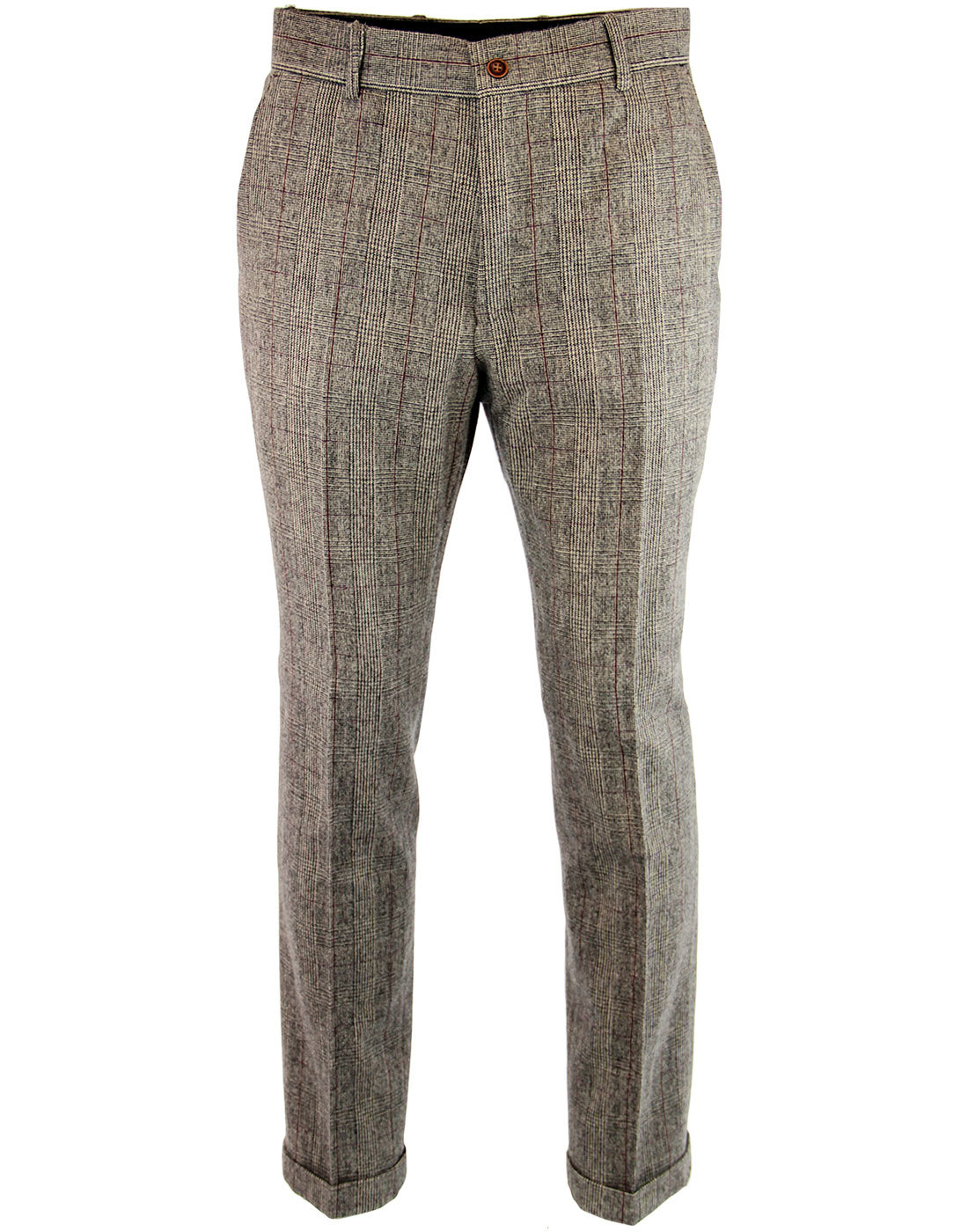 GIBSON LONDON Retro 1960s Mod POW Check Turn Up Trousers in Taupe