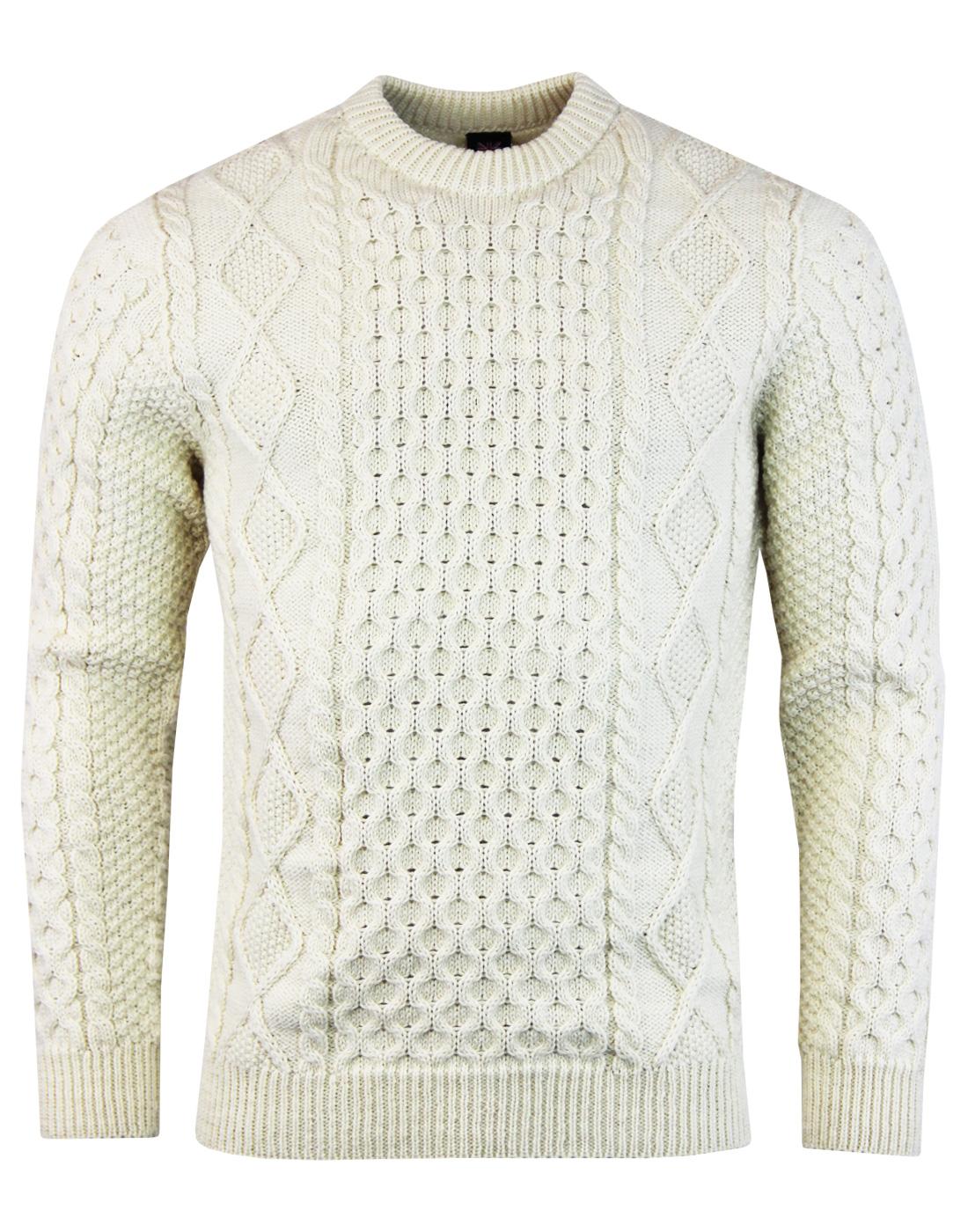 GLOVERALL Aran Made in England Merino Wool Cable Knit Jumper Ecru