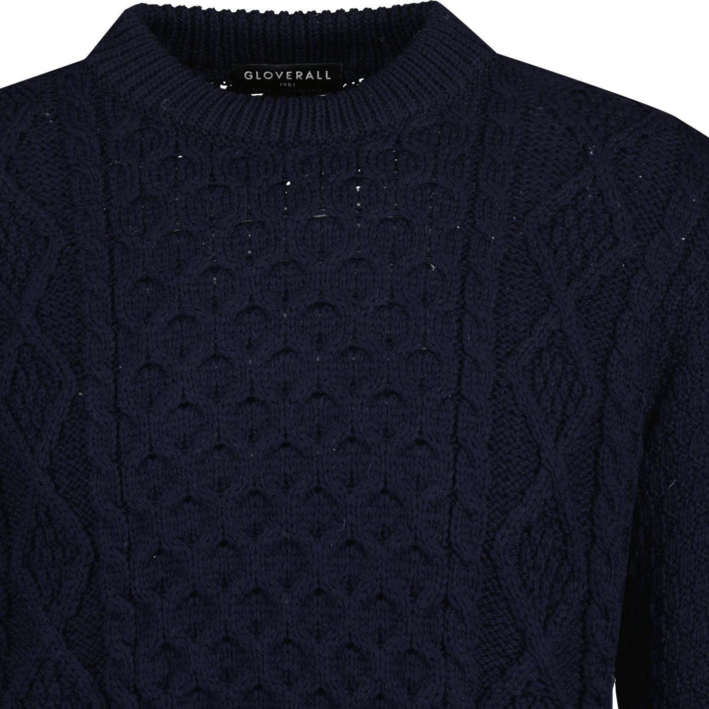 GLOVERALL British Merino Wool Aran Cable Knit Jumper Navy