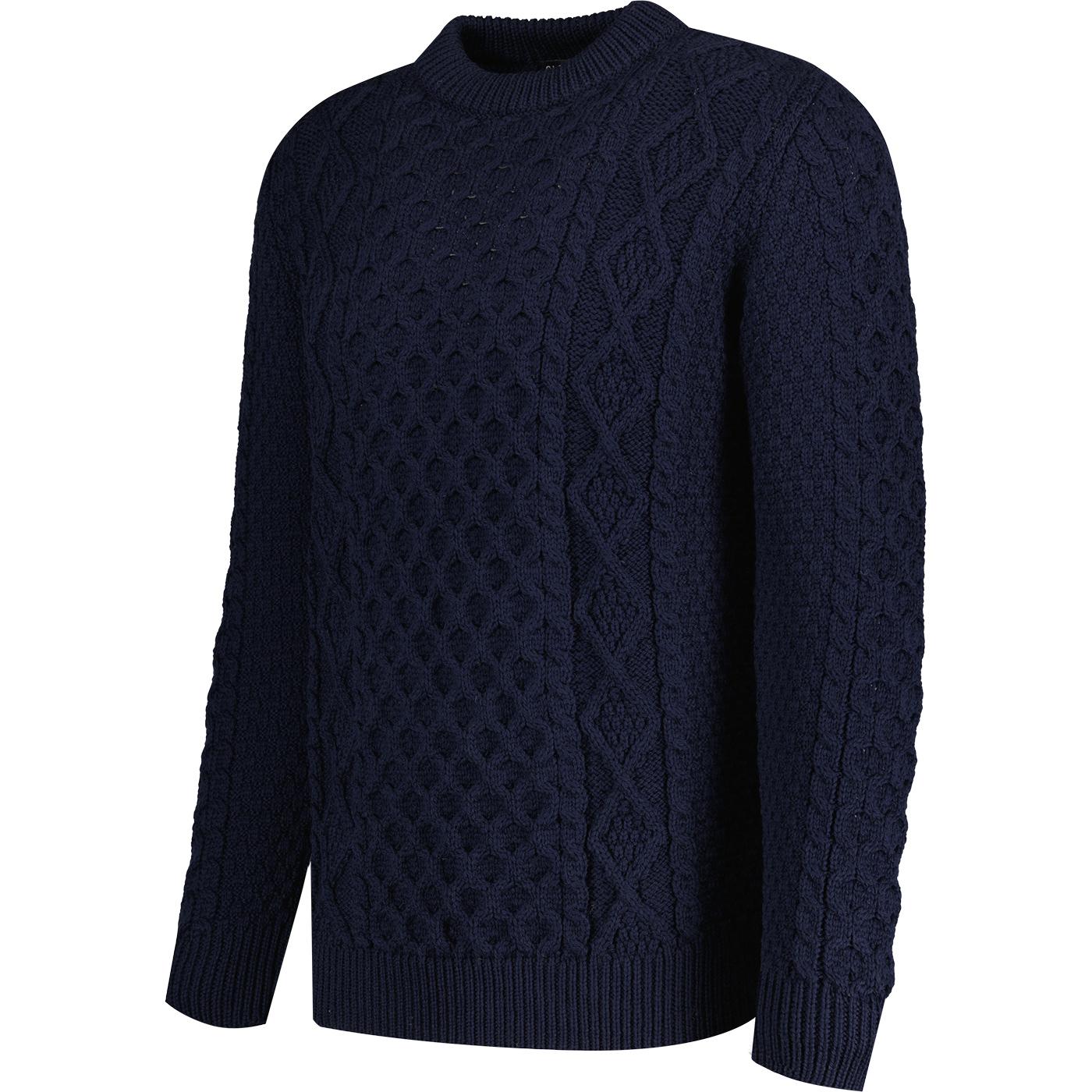 GLOVERALL British Merino Wool Aran Cable Knit Jumper Navy