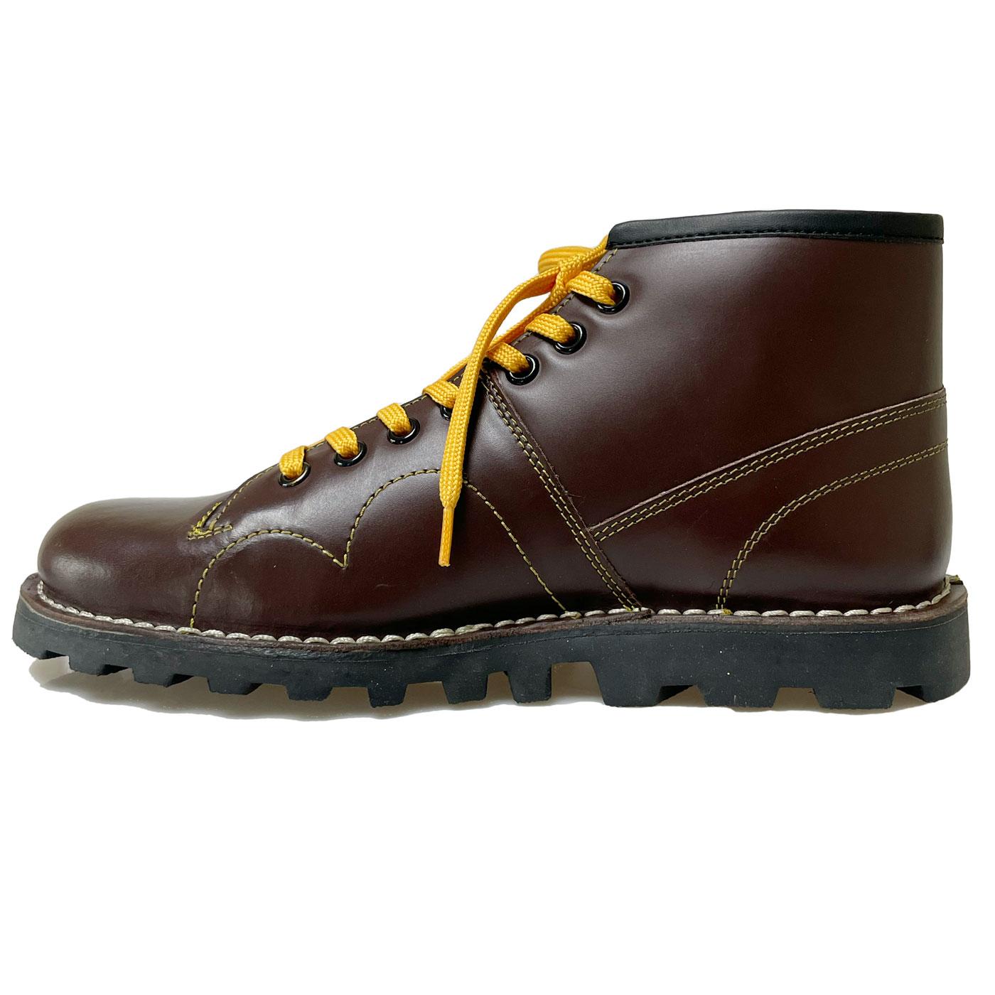 Retro Mod Wine Smooth Leather Monkey Boots with Stitch Detail