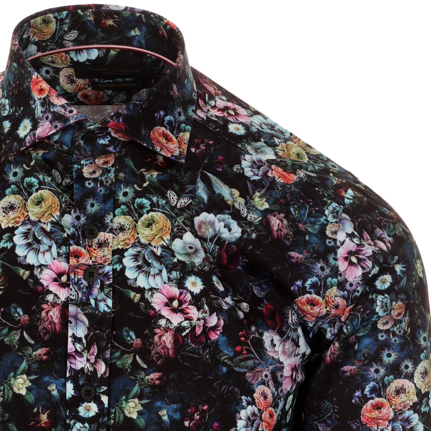 GUIDE LONDON Retro Psychedelic Floral Sateen Shirt in Navy