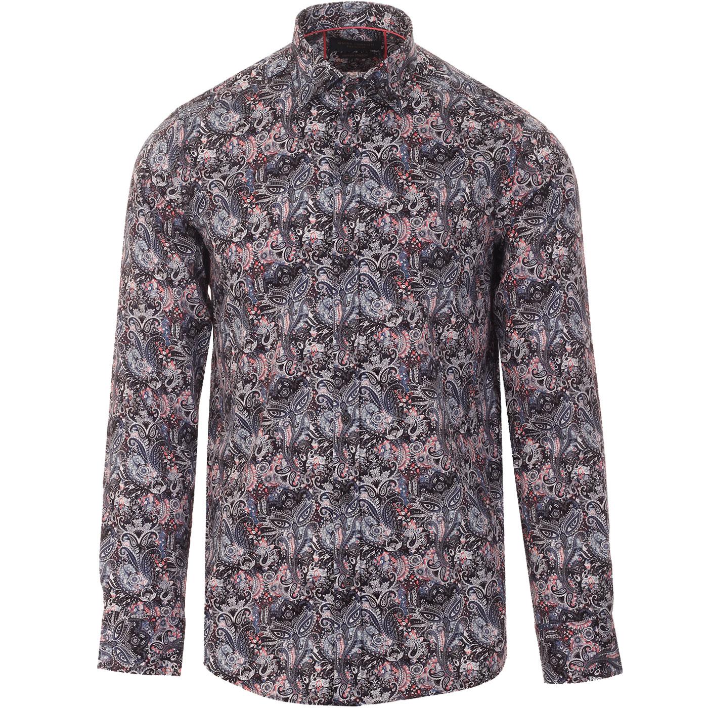 GUIDE LONDON Mod Floral Paisley Print Sateen Shirt in Navy