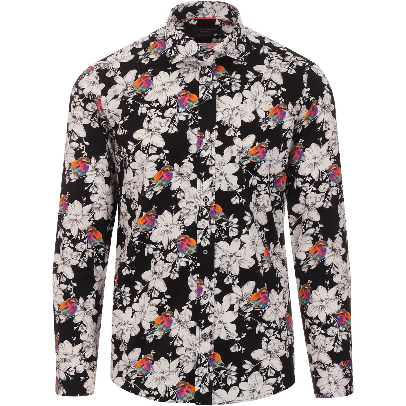 GUIDE LONDON Men's Retro 1960s Floral Bird Shirt in Black