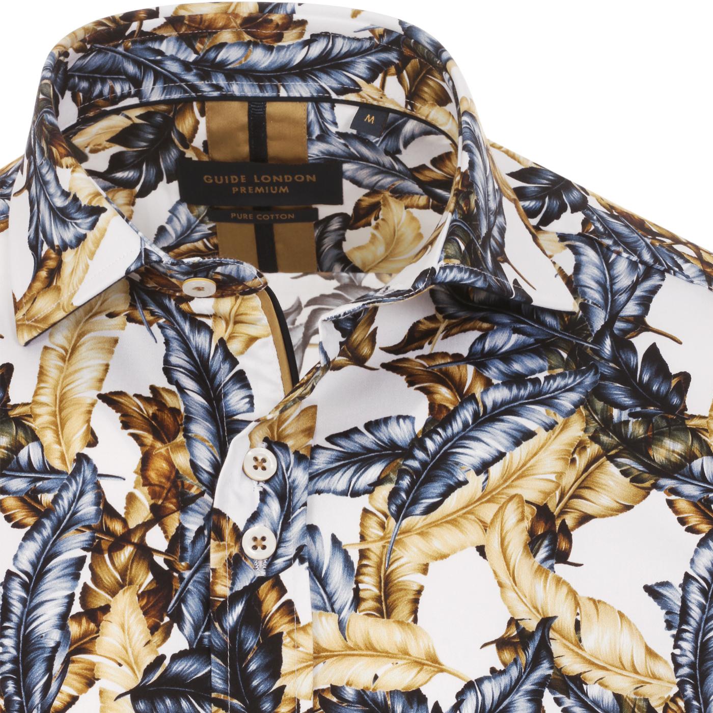 GUIDE LONDON Men's Retro Feather Print Shirt in Blue/Tan
