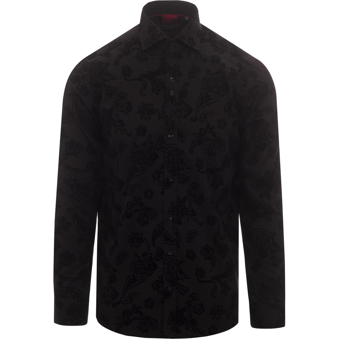 GUIDE LONDON Mod Baroque Paisley Flock Smart Shirt Black