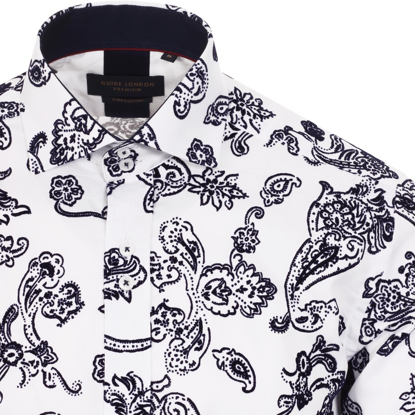 GUIDE LONDON Mod Flock Paisley Baroque Print Shirt in White