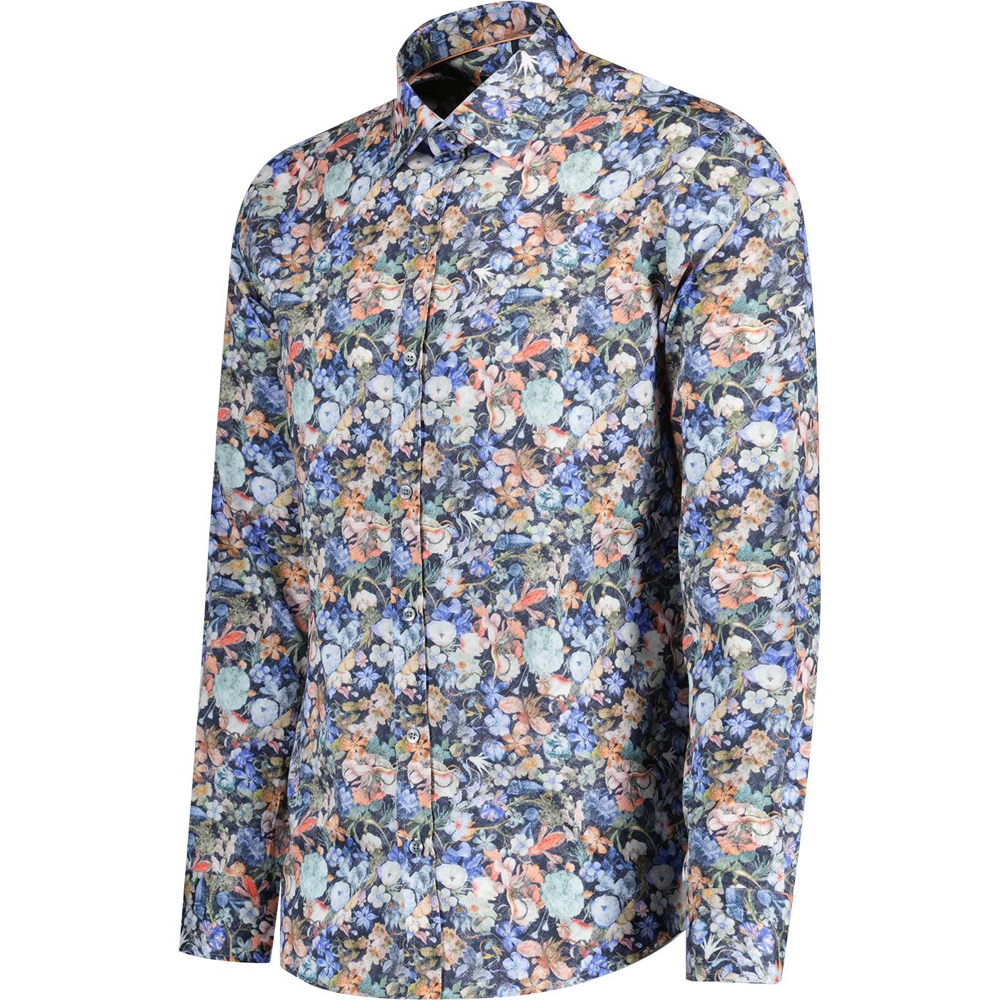 Guide London Retro Multi Floral Long Sleeve Shirt in Navy