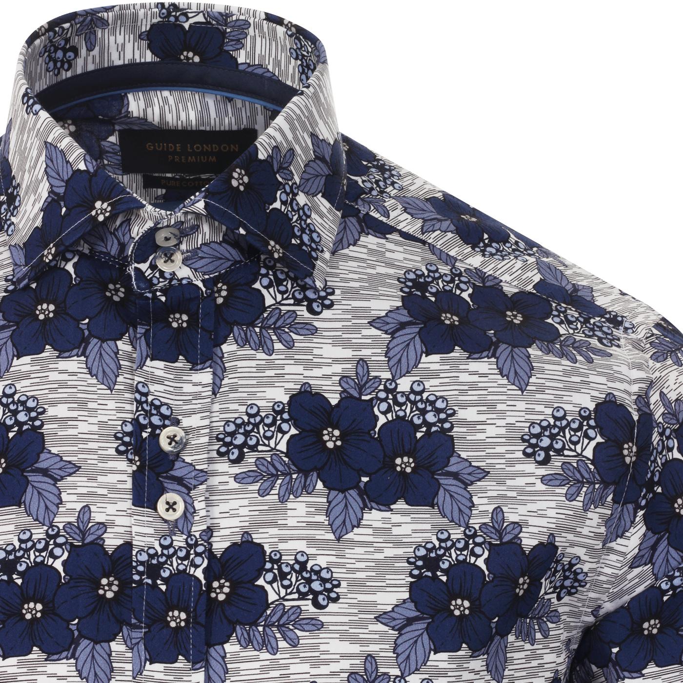 GUIDE LONDON Retro 70's Bold Floral Print Shirt in Navy