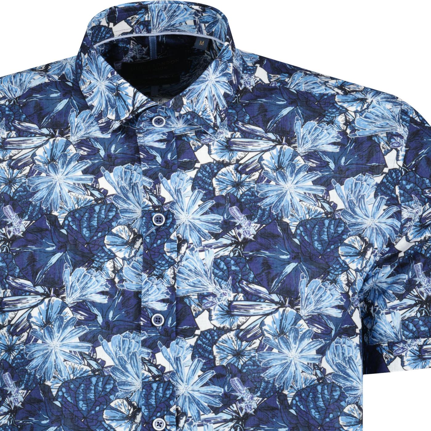 GUIDE LONDON Retro Floral Print Linen Look Shirt in Navy Blue