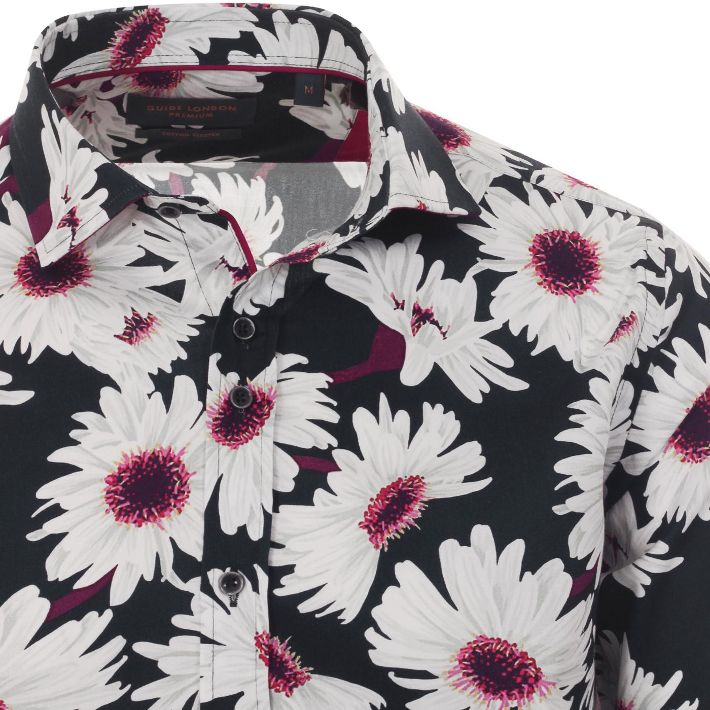 GUIDE LONDON Retro Bold Daisy Floral Smart Shirt In Navy