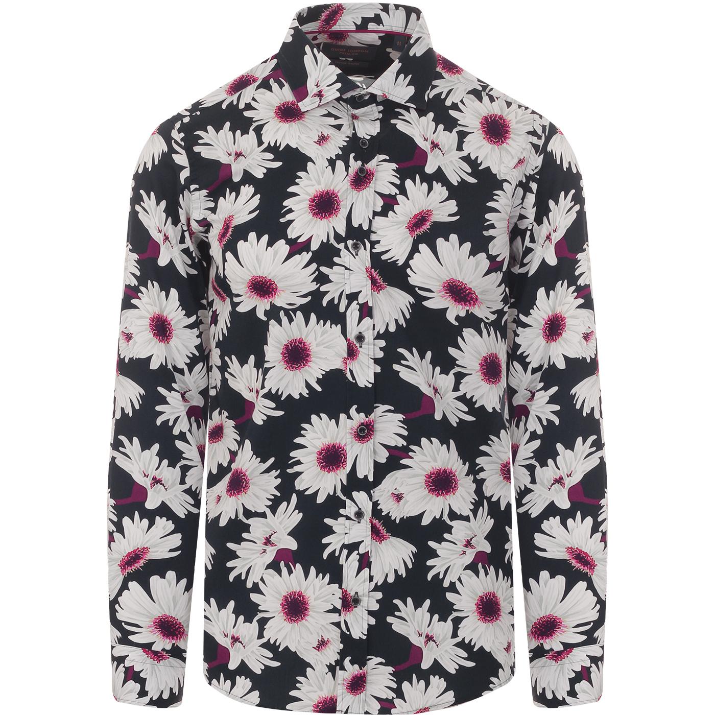 GUIDE LONDON Retro Bold Daisy Floral Smart Shirt in Navy