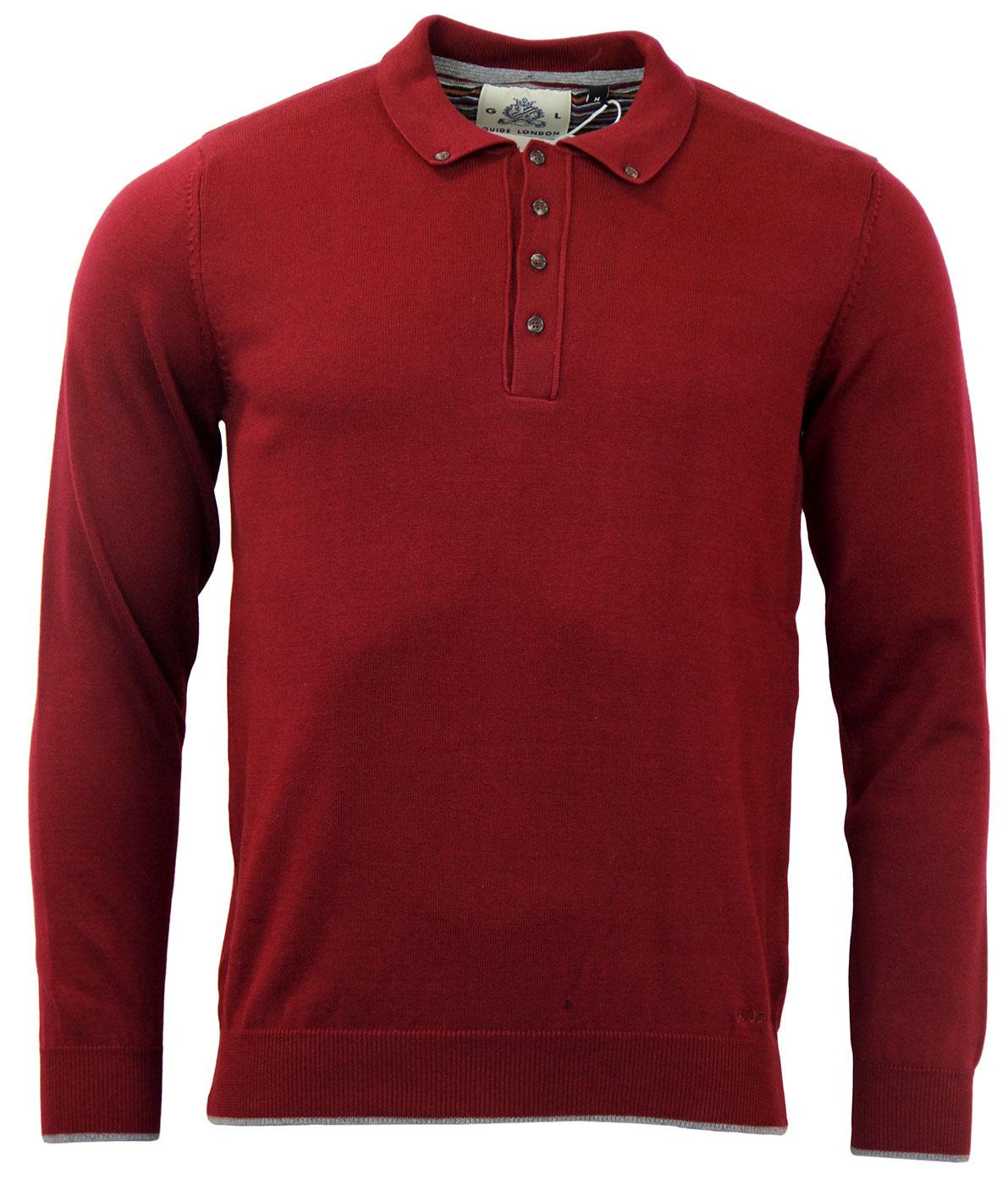 GUIDE LONDON Retro Mod Button Down Knitted Polo in Dark Red