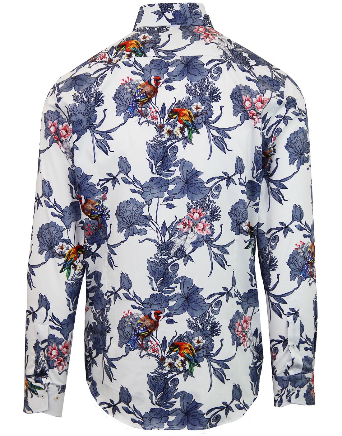 GUIDE LONDON Retro 60s Mod Floral Bird Print Shirt in White