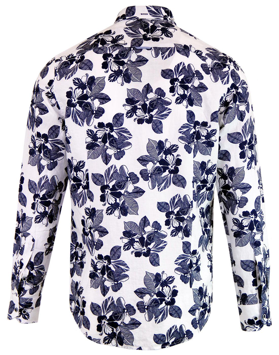 GUIDE LONDON Retro 60s Floral Linen Shirt in White/Navy