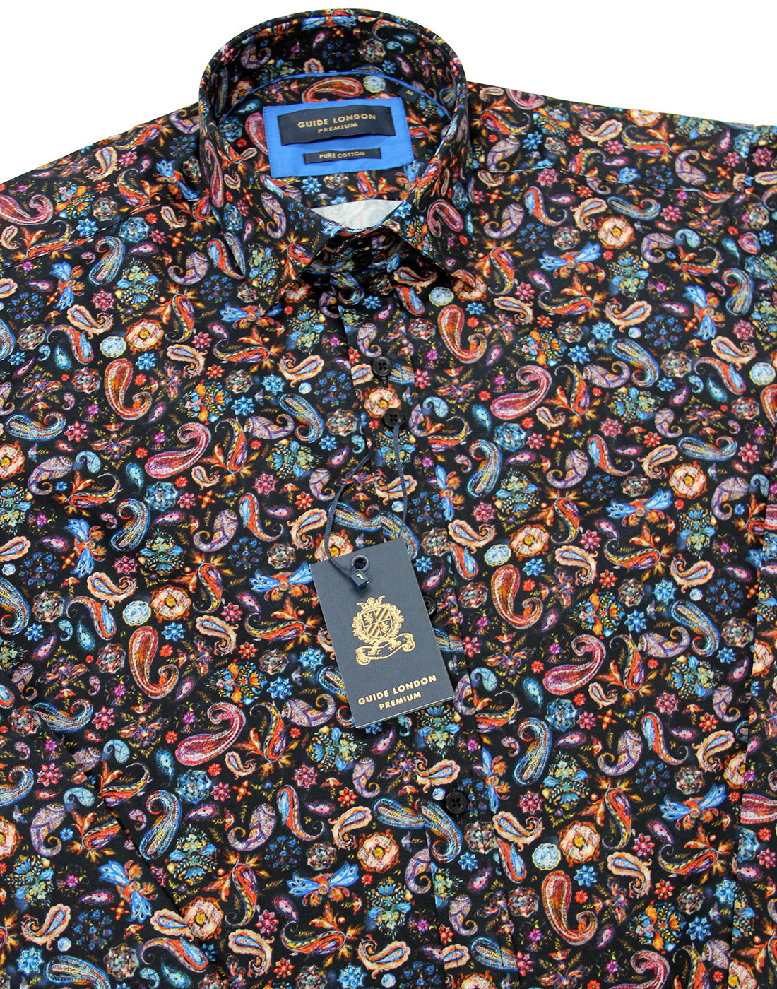 GUIDE LONDON Retro 1960s Psychedelic Painted Paisley Shirt Black