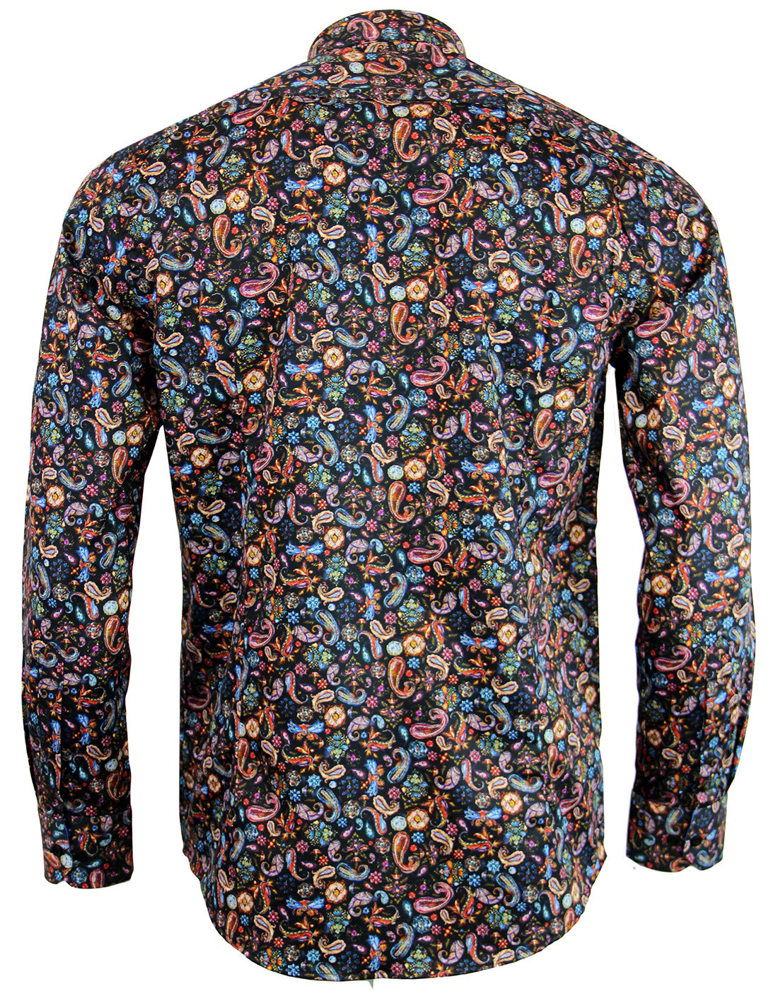 GUIDE LONDON Retro 1960s Psychedelic Painted Paisley Shirt Black