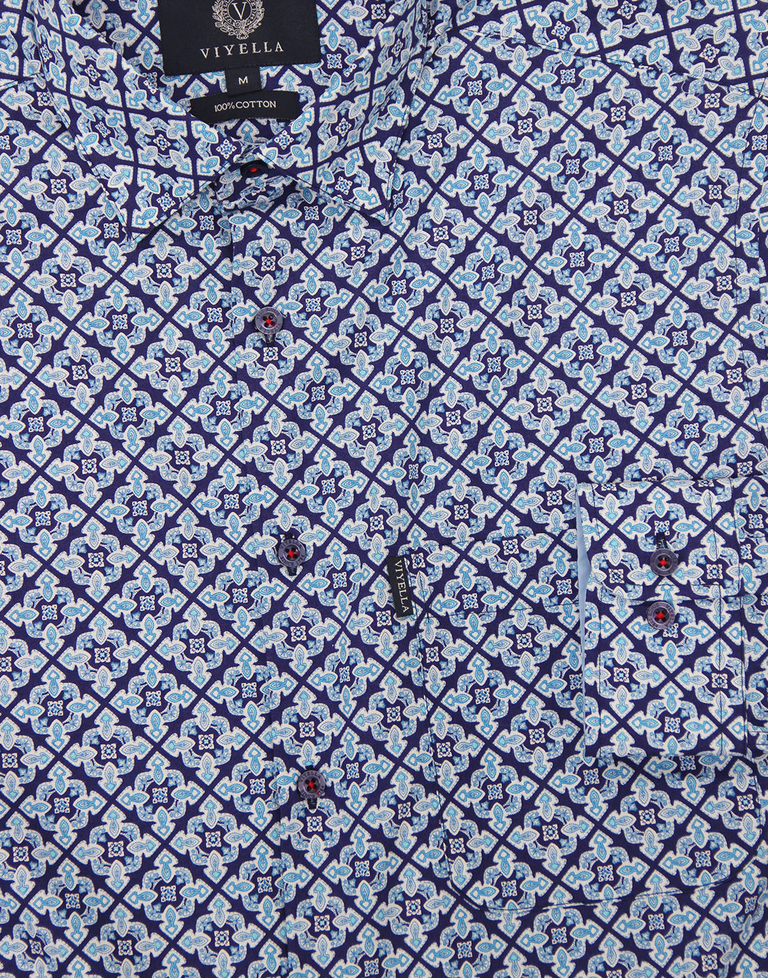 VIYELLA 1960s Mod Diamond Paisley Tile Print Shirt in Blue