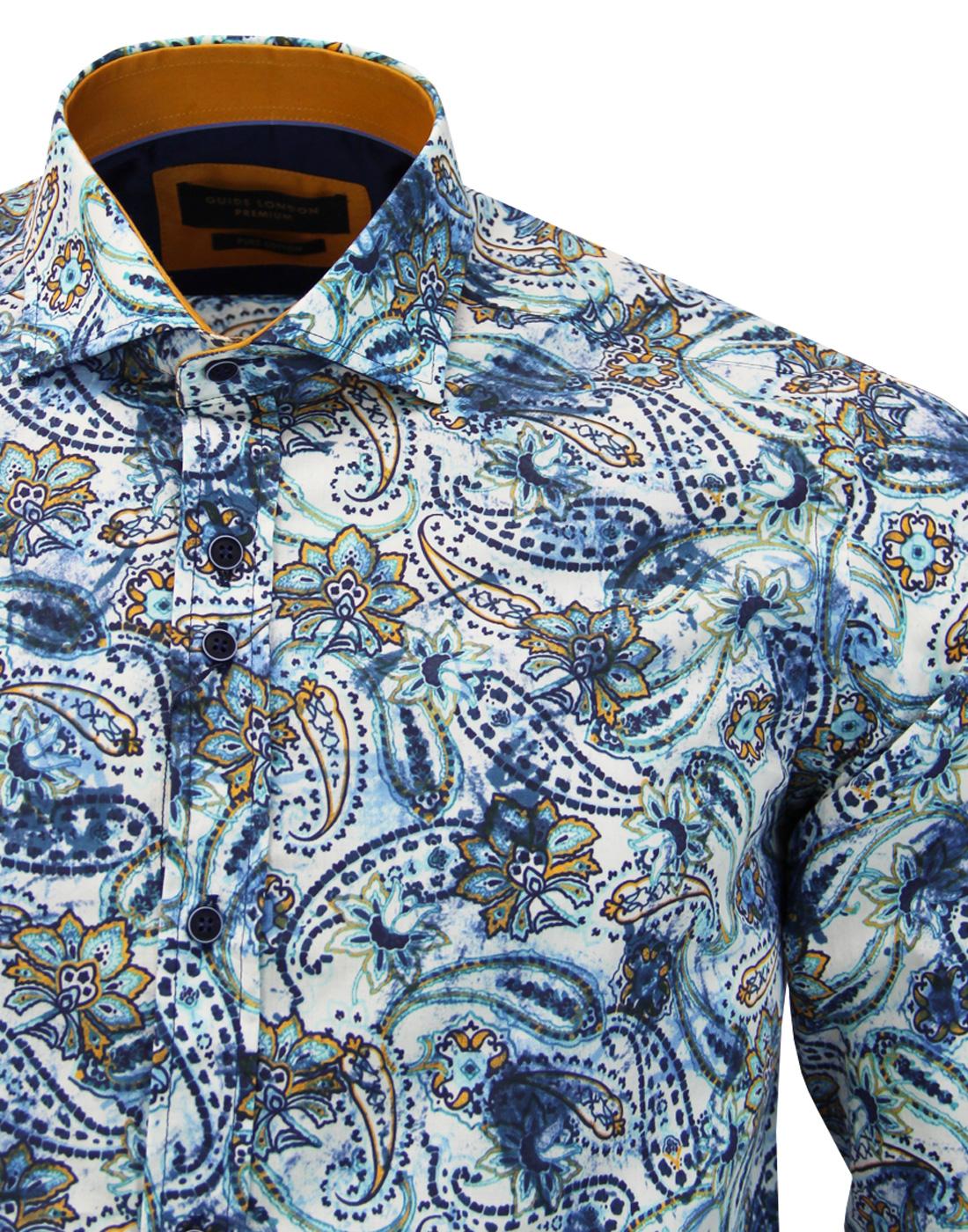 GUIDE LONDON Men's Retro 60s Mod Smudgy Paisley Floral Shirt